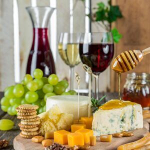 Wine, grapes and cheese board